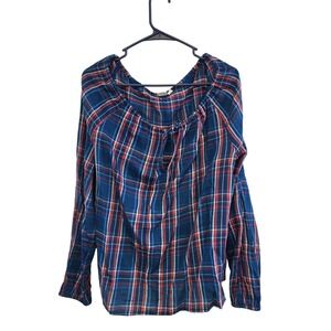 Gap Women Blue Red Plaid Cotton Peasant Blouse Long Sleeve Keyhole Top Size S
